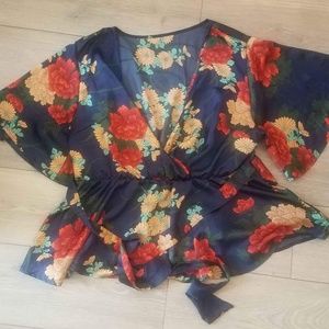 Plus Size Vibrant Kimono Style Navy Floral Tie Waist Shirt